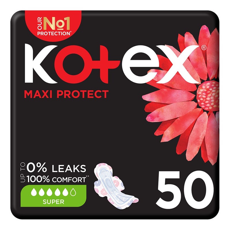 Kotex Maxi Protect Thick Pads With Wings, Super Size, Pack of 50's