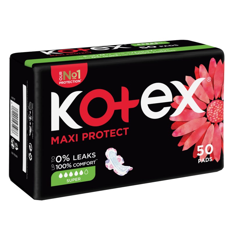 Kotex Maxi Protect Thick Pads With Wings, Super Size, Pack of 50's