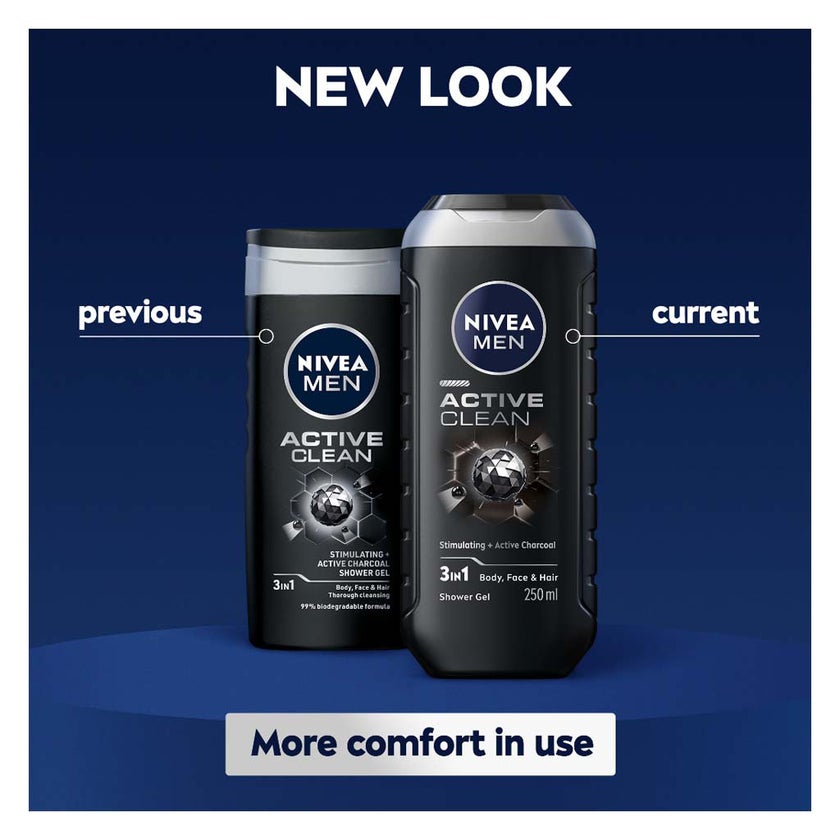 Nivea Men Active Clean 3in1 Body, Face & Hair Shower Gel 250ml