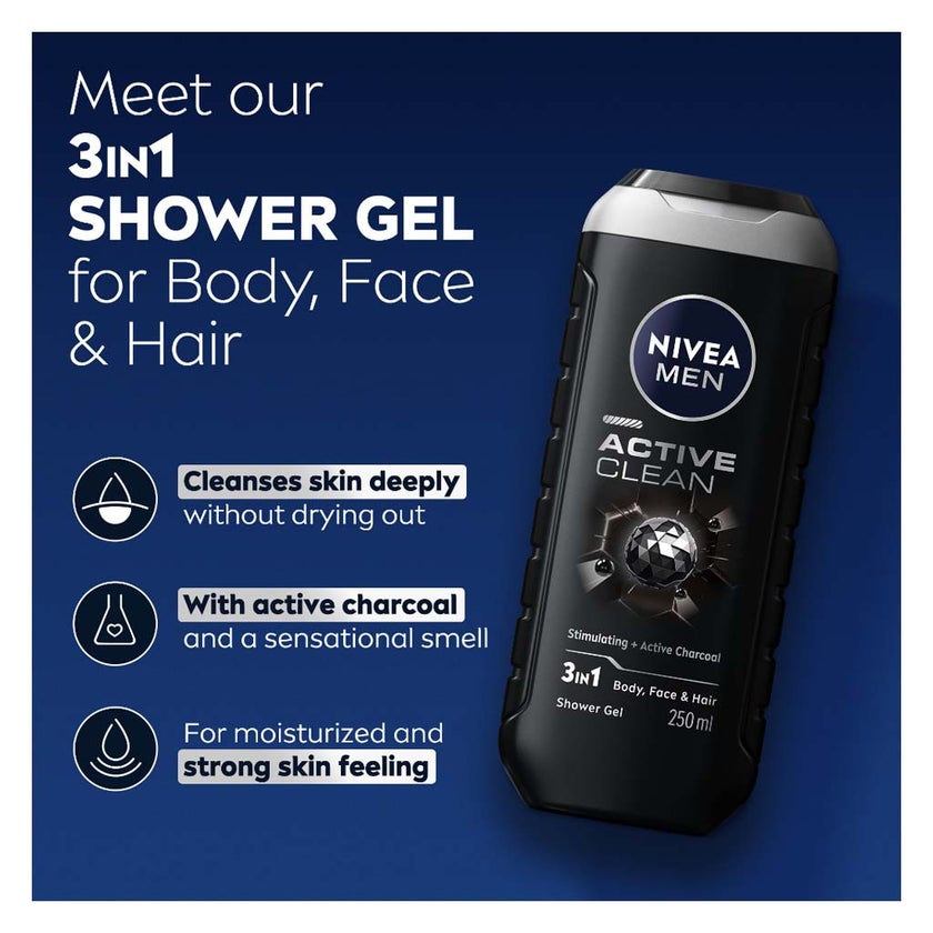 Nivea Men Active Clean 3in1 Body, Face & Hair Shower Gel 250ml
