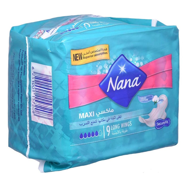 Nana Protection & Comfort Maxi Thick Long Sanitary Pads with Wings For Heavy Flow 9's