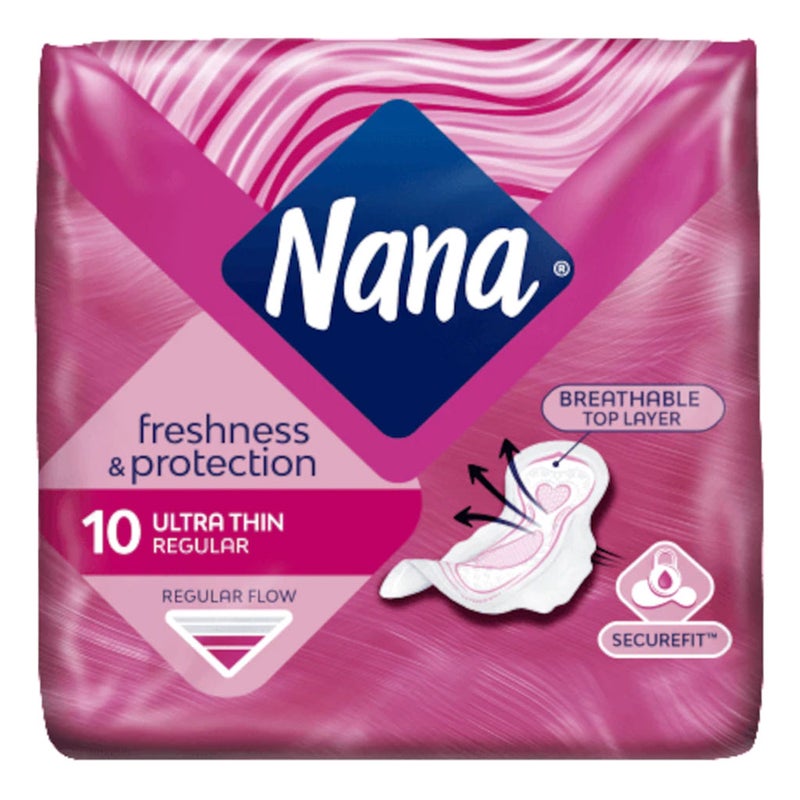 Nana Freshness & Protection Ultra Thin Regular Sanitary Pads with Wings For Regular flow 10's