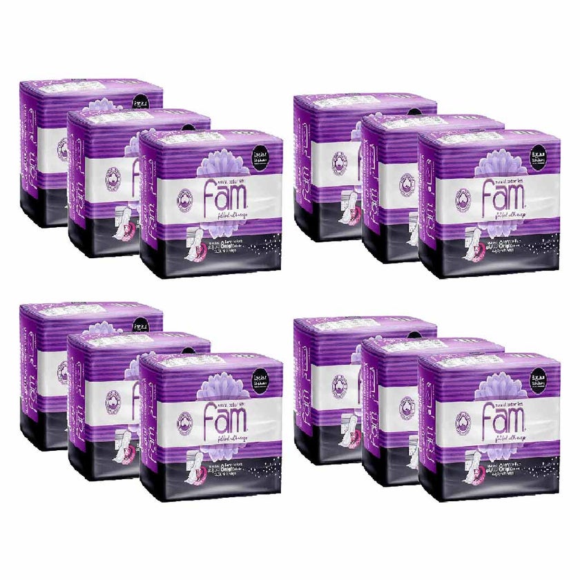 Fam Maxi Thick Natural Cotton Feel Night Sanitary Pads With Wings, Pack of 8 x 12’s