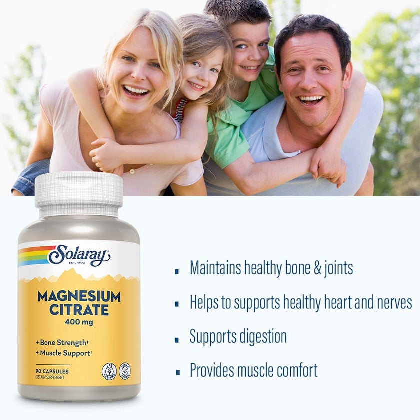 Solaray Magnesium Citrate 400mg Capsules For Bone Strength & Muscle Support, Pack of 90's