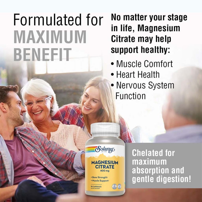 Solaray Magnesium Citrate 400mg Capsules For Bone Strength & Muscle Support, Pack of 90's