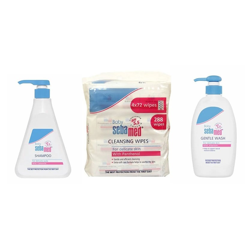 Sebamed Extra Mild Baby Shampoo 500ml + Wet Wipes 72's Pack of 4's + Baby Gentle Wash 400ml - Bundle Pack