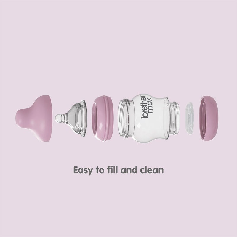 Brother Max Extra Wide Neck Anti Colic Feeding Glass Bottle 160 mL + S Teat Pink BM115P