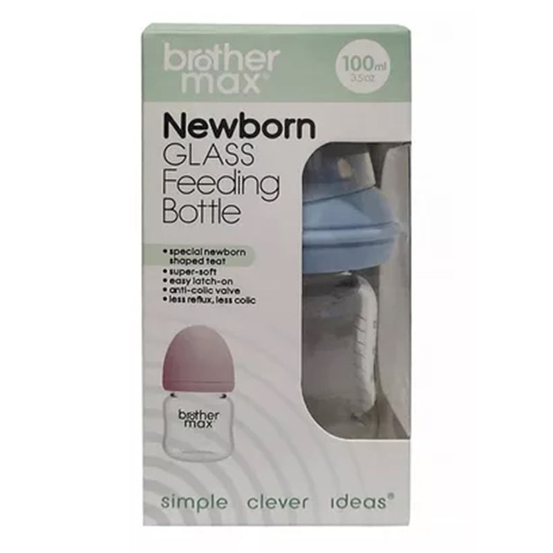 Brother Max Newborn Glass Anticolic Feeding Bottle 100 mL + SS Teat Blue BM100B