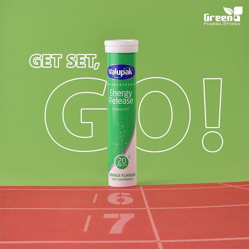 Valupak Energy Release Vitamin B & Vitamin C Effervescent Tablets, Pack of 20's