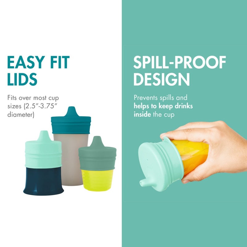 Boon Snug Reusable Stretchy Silicone Spout Cup & Lids For 9+Months Baby Boy, Pack of 3 Lids + 1 Cup