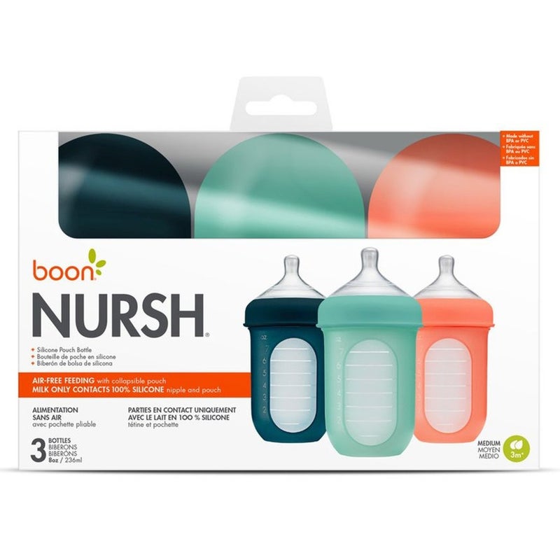 Boon Nursh Medium Flow Rate Baby Feeding Bottle 8 oz. For 3+Months Baby, Monochrome, Pack of 3's
