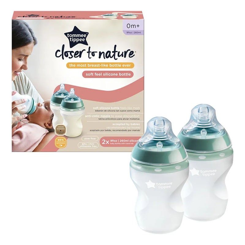 Tommee Tippee Closer To Nature Soft Feel Silicone Slow Flow Baby Bottles With Anti-Colic Valve For 0+Months 260ml, Pack of 2's