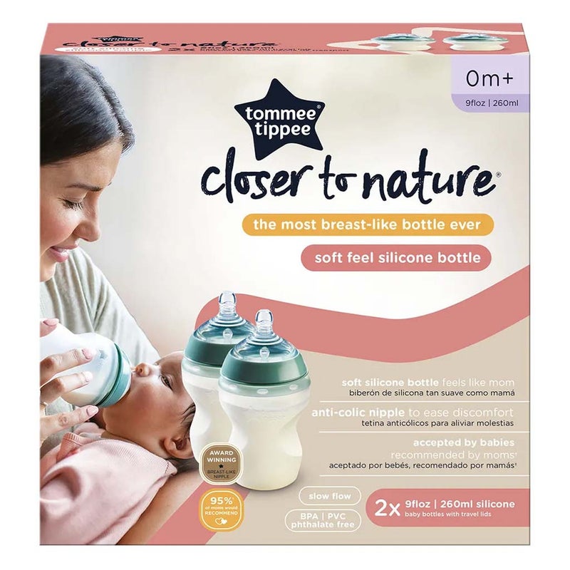 Tommee Tippee Closer To Nature Soft Feel Silicone Slow Flow Baby Bottles With Anti-Colic Valve For 0+Months 260ml, Pack of 2's