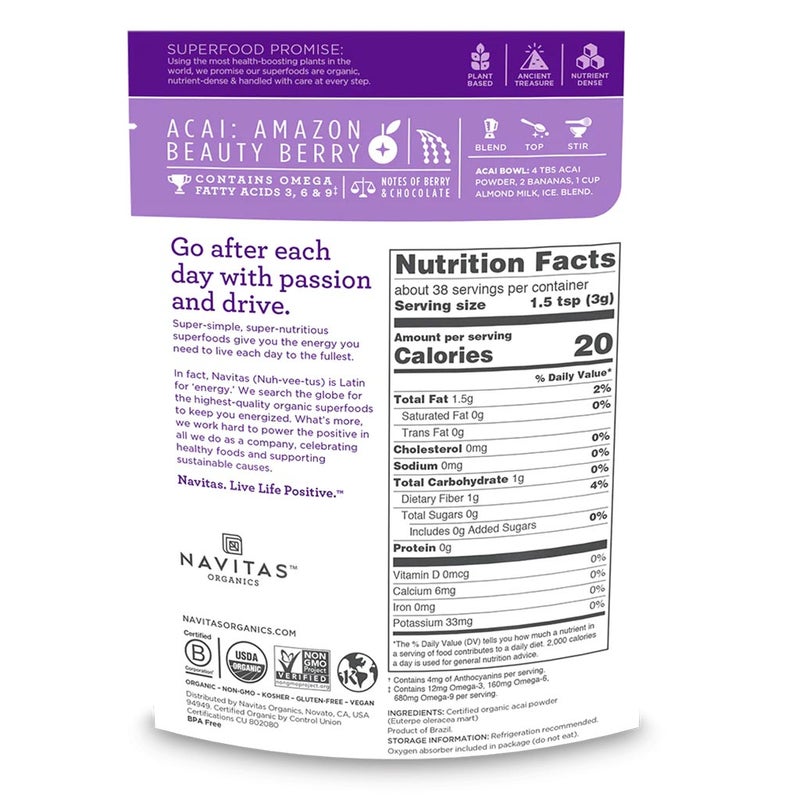 Navitas Organics Plant based Superfood Organic Acai Berry Powder 113g