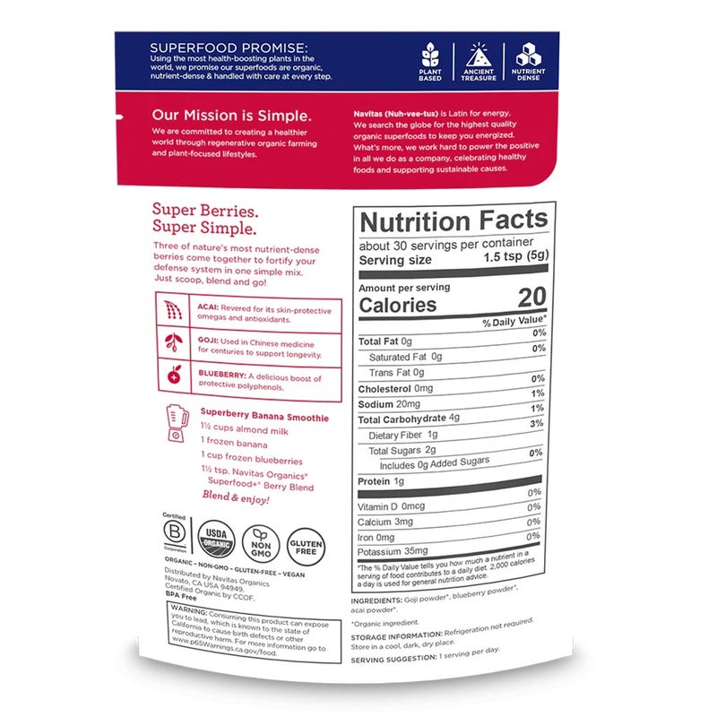 Navitas Organics Plant based Superfood Organic Super Food + Berry Blend 150g