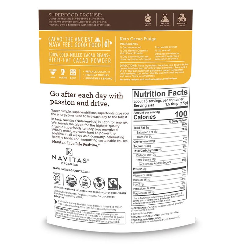 Navitas Organics Plant based Superfood Organic Keto Cacao Powder 227g