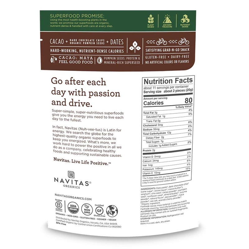 Navitas Organics Organic Dark Chocolate + Cacao + Dates Power Snack 227 g