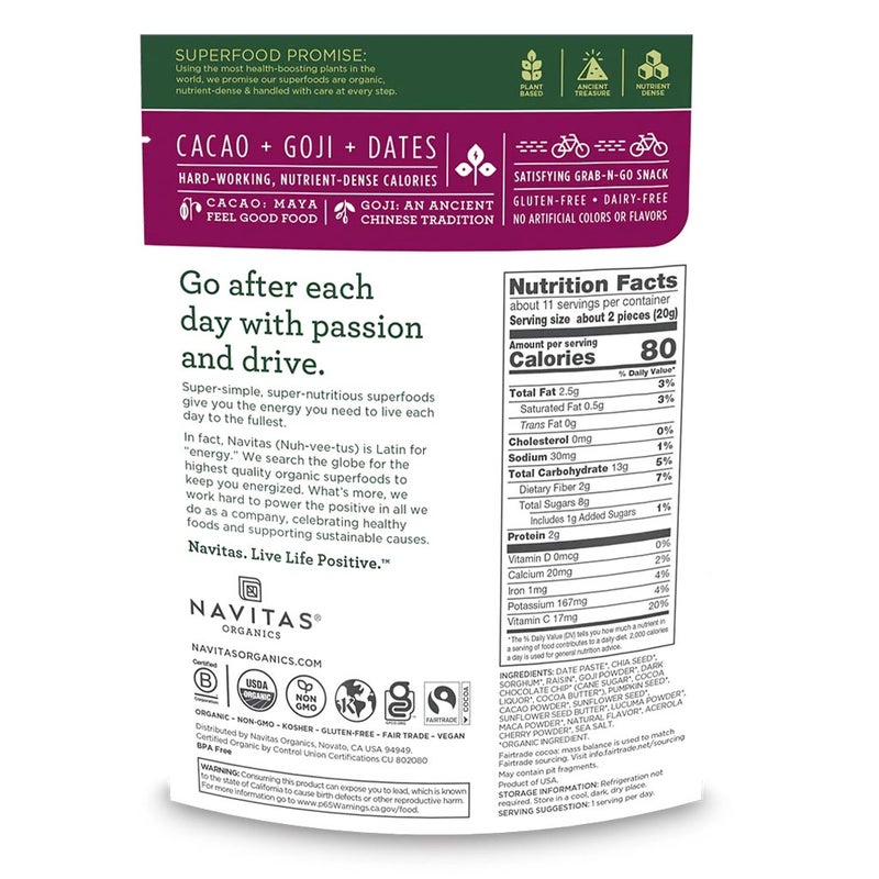 Navitas Organics Plant based Superfood Organic Cacoa + Goji + Dates Power Snack 227g