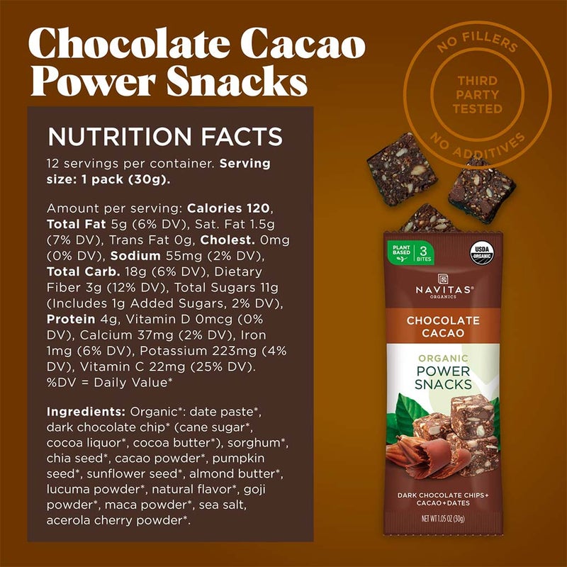 Navitas Organics Organic Dark Chocolate + Cacao + Dates Power Snacks 30g, 12's