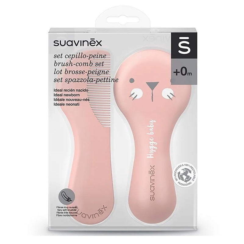 Suavinex Hygge Soft Bristles Brush & Comb Set For 0 Months+ Baby - Pink, Pack of 2 Pieces