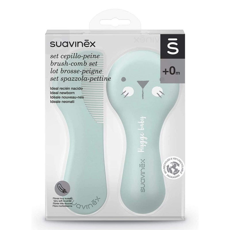 Suavinex Hygge Soft Bristles Brush & Comb Set For 0 Months+ Baby - Green, Pack of 2 Pieces
