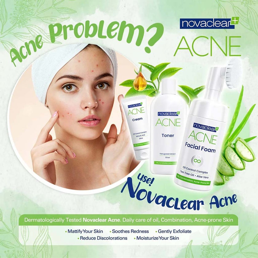 Novaclear Acne Kit With Acne Facial Foam 100ml + Acne Toner 150ml + Acne Cream For Oily, Combination & Acne-Prone Skin 40ml