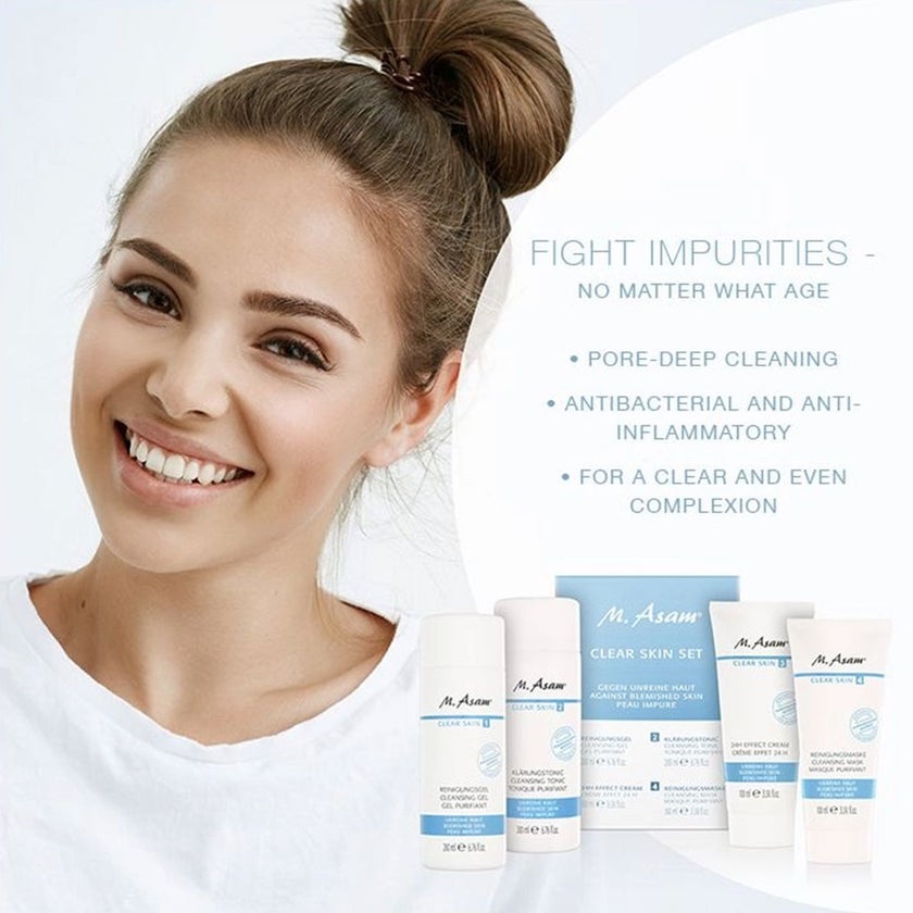 M. Asam Clear Skin Facial Cleansing Set Against Pimples And Blemishes, Pack of 4 (Cleansing Gel + Cleansing Tonic + Cleansing Mask + 24 hour Effect cream)