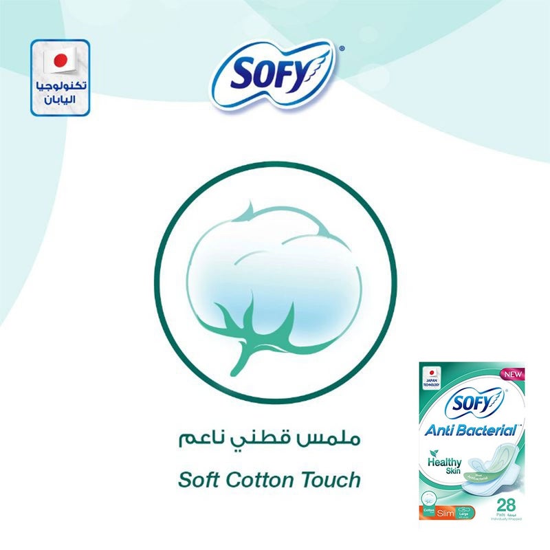 Sofy Anti-Bacterial Healthy Skin Slim Sanitary Pad Large, Pack of 28