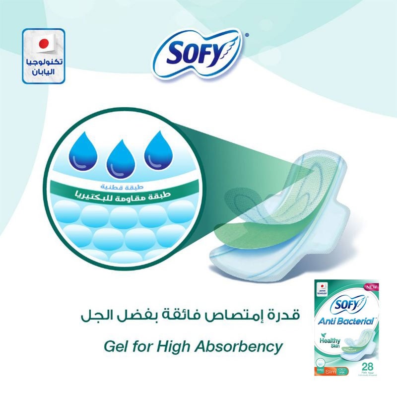 Sofy Anti-Bacterial Healthy Skin Slim Sanitary Pad Large, Pack of 28