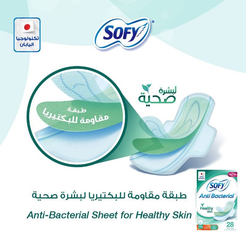 Sofy Anti-Bacterial Healthy Skin Slim Sanitary Pad Large, Pack of 28
