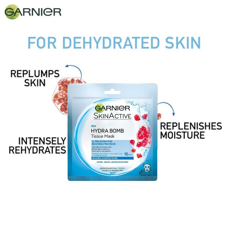 Garnier SkinActive Hydra Bomb Ultra Hydrating and Rejuvenating Facial Tissue Mask with Pomegranate Extract For Normal To Dehydrated Skin, 32g 1's