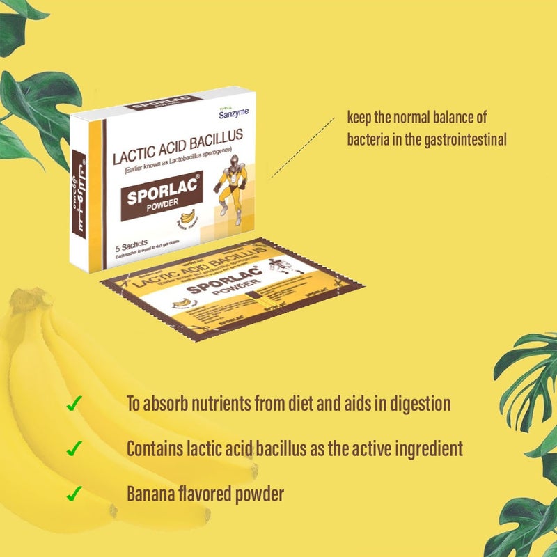 Sporlac 50mg Probiotic Banana Flavoured Oral Powder Sachet 1g, Pack of 5's