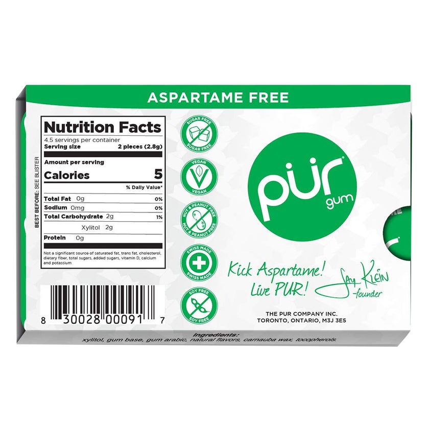Pur Aspartame & Sugar Free Spearmint Chewing Gum With Xylitol 9 Pieces