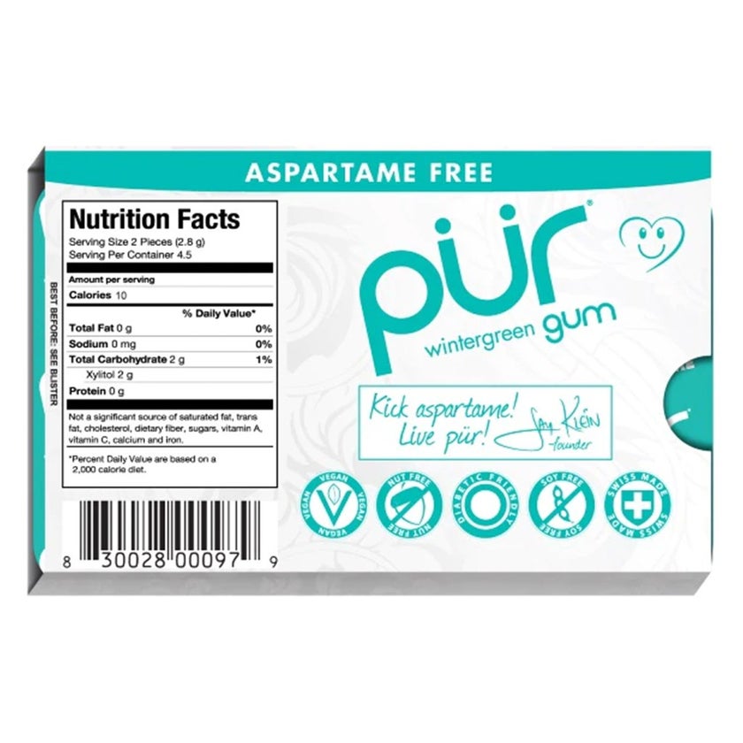 Pur Aspartame & Sugar Free Wintergreen Chewing Gum With Xylitol 9 Pieces