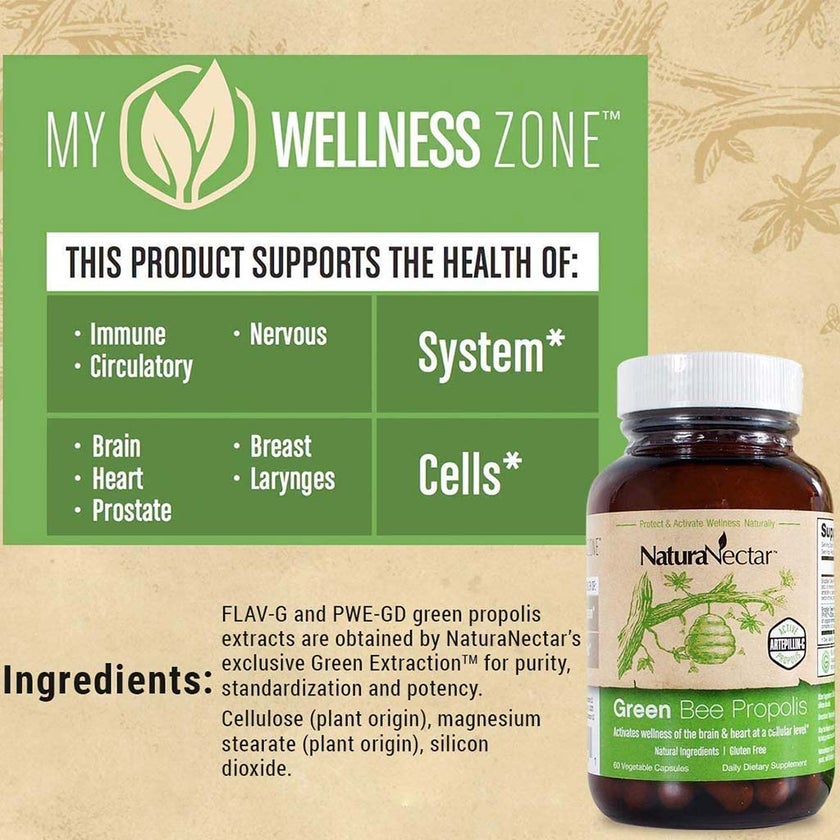 NaturaNectar Green Bee Propolis Vegetable Capsule For Brain, Heart & Immune Support, Pack of 60's
