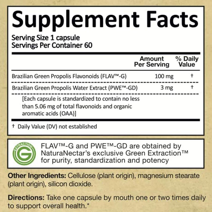 NaturaNectar Green Bee Propolis Vegetable Capsule For Brain, Heart & Immune Support, Pack of 60's