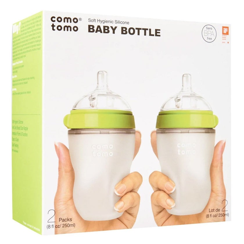 Comotomo Soft Hygienic Silicone Natural Feel Baby Feeding Bottle Green/White 250ml, Pack of 2's