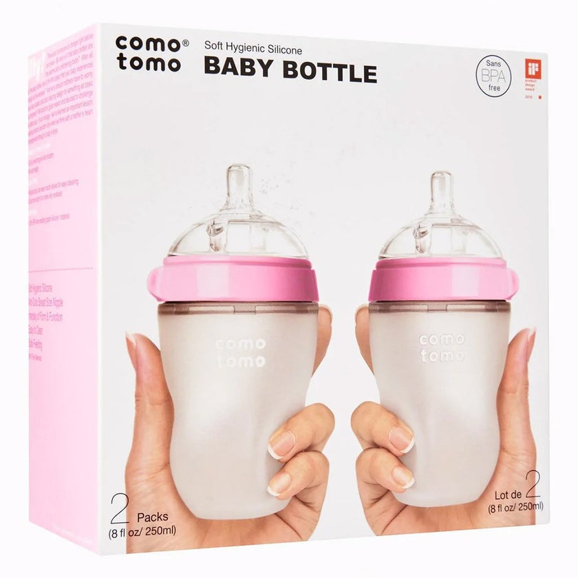 Comotomo Soft Hygienic Silicone Natural Feel Baby Feeding Bottle Pink/White 250ml, Pack of 2's