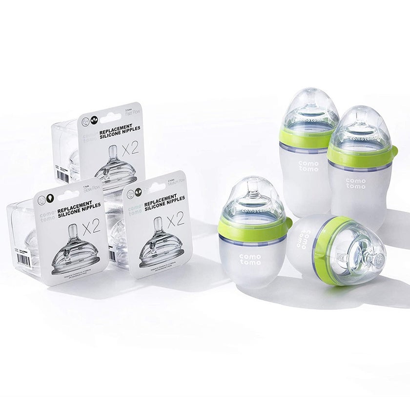 Comotomo Baby Feeding Bottles With Replacement Silicone Nipples-Green, Bundle Pack of 10 Pieces
