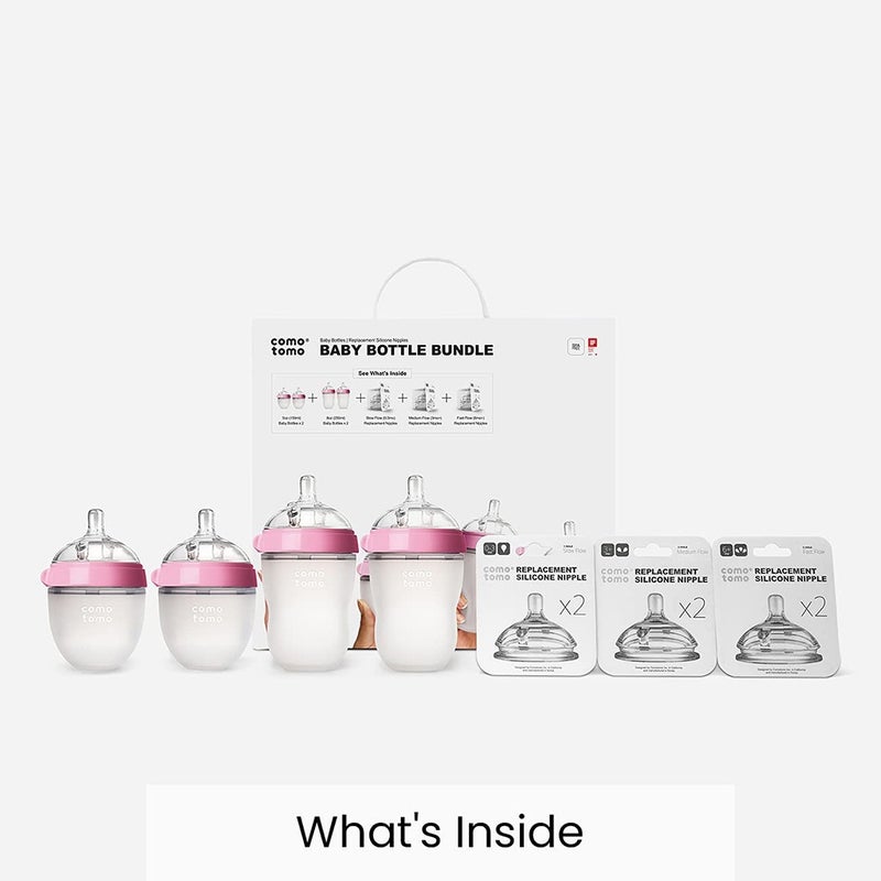 Comotomo Baby Feeding Bottles With Replacement Silicone Nipples-Pink, Bundle Pack of 10 Pieces