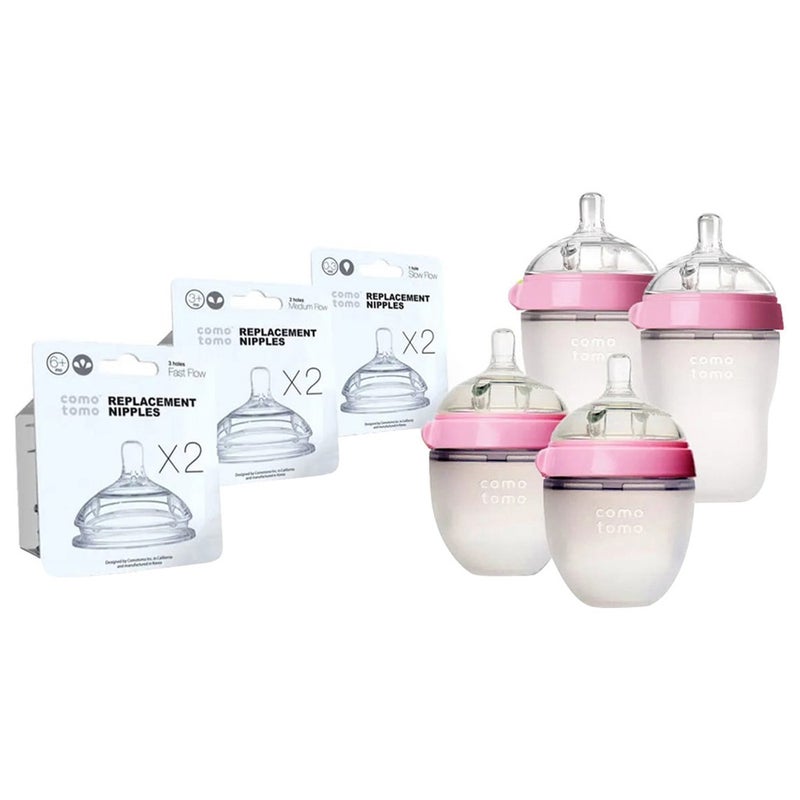 Comotomo Baby Feeding Bottles With Replacement Silicone Nipples-Pink, Bundle Pack of 10 Pieces