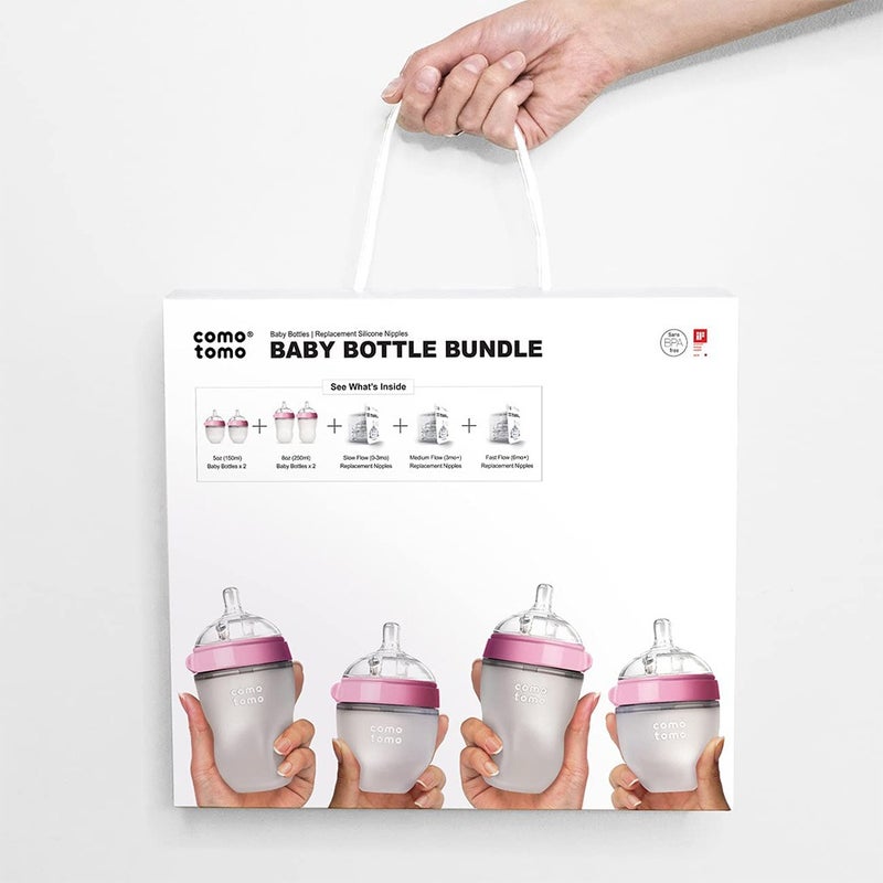 Comotomo Baby Feeding Bottles With Replacement Silicone Nipples-Pink, Bundle Pack of 10 Pieces