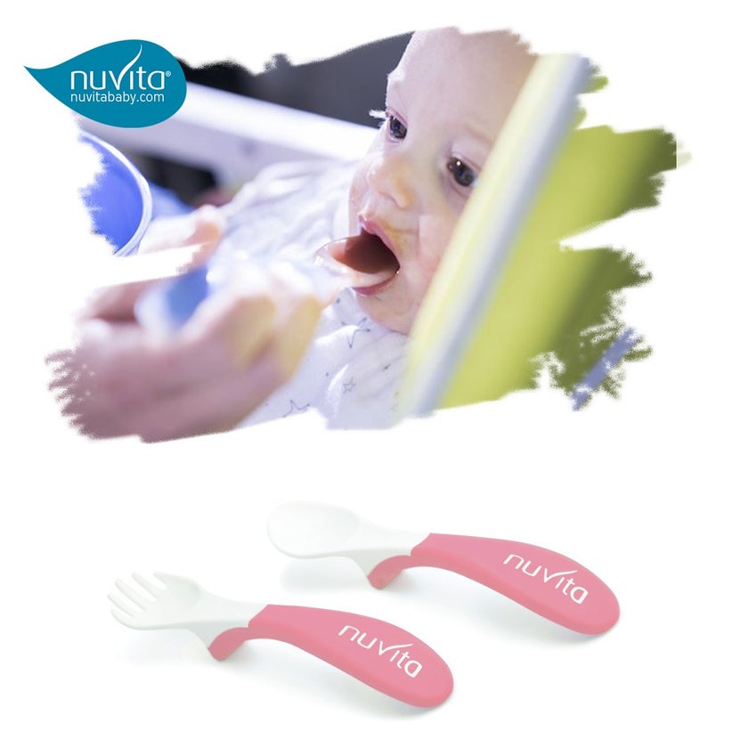 Nuvita Easy Eating Plastic Spoon & Fork Set - Pink