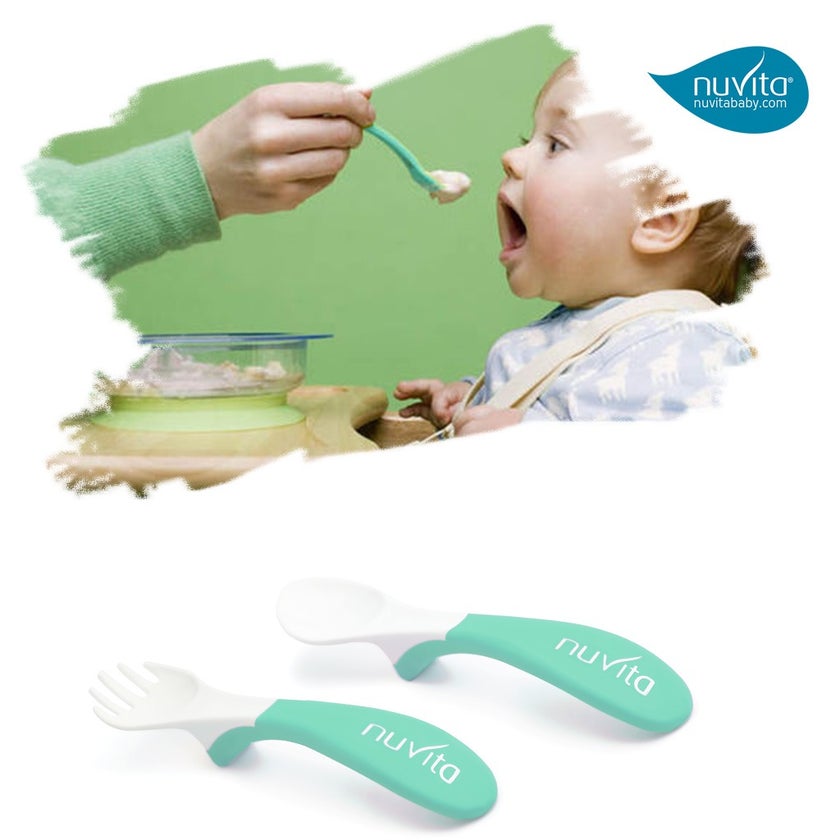 Nuvita Easy Eating Plastic Spoon & Fork Set - Green