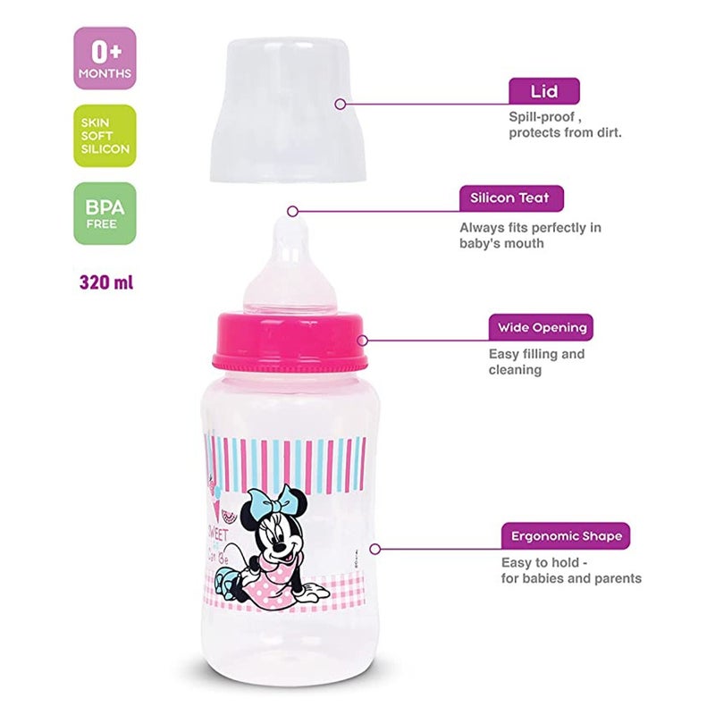 Disney Minnie Mouse 320 ml Wide-Neck Feeding Bottle For 0+Month Baby, Pink, Pack of 1's