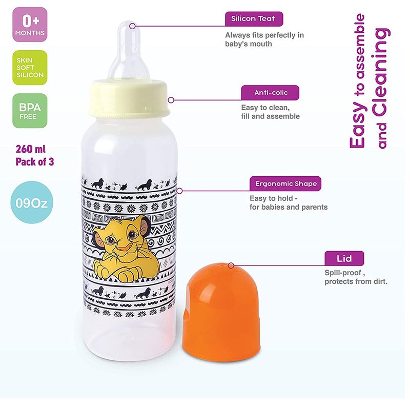 Disney The Lion King 260ml Feeding Bottle For 0+ Month Babies, Pack of 3's