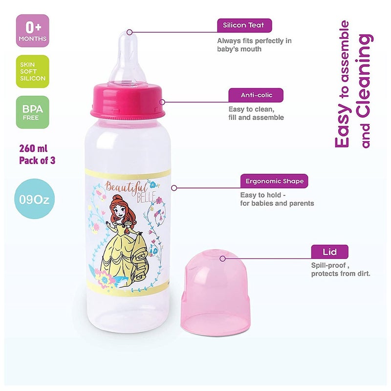 Disney Princess 260ml Feeding Bottle For 0+ Month Babies, Pack of 3's