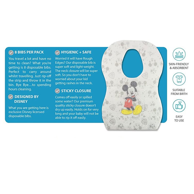 Disney Mickey Mouse Leak Proof Disposable Baby Bibs Assorted, Pack of 8's