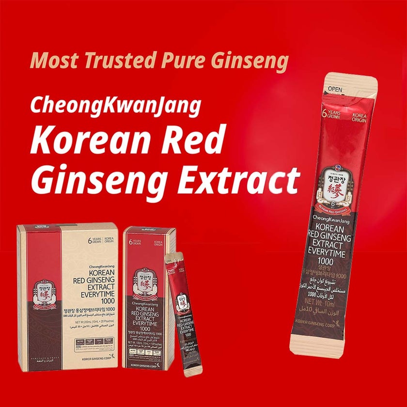 CheongKwanJang 6 Year Grown Korean Red Ginseng Everytime Portable Liquid Sticks 1000mg - 10ml, Pack of 20's