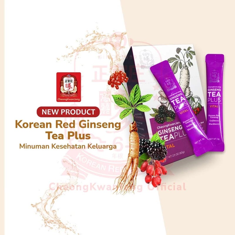 Cheongkwanjang Korean Red Ginseng Teaplus Vital Herbal Tea Powder Sticks For Overall Health & Energy, Pack of 3g x 20Sticks